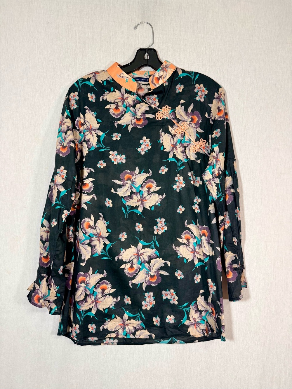 Breakout 100% cotton size M Floral Mandarin Collar Blouse - Black/Peach